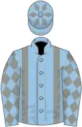 Light blue, grey braces, grey diamonds on sleeves, light blue cap, grey diamonds