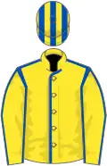 Yellow, royal blue seams, striped cap