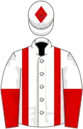 White, red braces, halved sleeves, diamond on cap