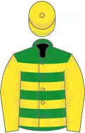 Green, yellow hoops, yellow sleeves and cap