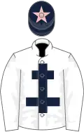 White, dark blue cross of lorraine, dark blue cap, pink star