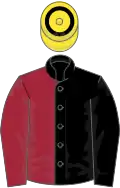 Black and maroon halved, yellow cap, black hoop