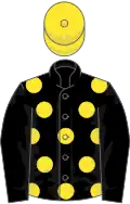 Black, yellow spots on body, yellow cap