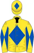 Yellow, royal blue diamond, diabolo on sleeves, diamond on cap