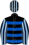 Black, royal blue hoops, dark blue and light blue striped sleeves, black and light blue striped cap