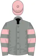 Grey, pink hooped sleeves, pink cap