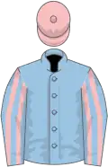 Light blue, pink striped sleeves, pink cap