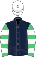 Dark blue, emerald green and white hooped sleeves, white cap