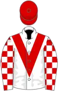 White, red chevron, checked sleeves, red cap