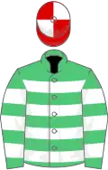 Emerald green and white hooped, red and white quartered cap
