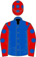 Royal blue, red epaulettes, red slvs,royal blue spots,red cap,royal blue spots