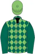 Light green and dark green diamonds, dark green sleeves, light green cap