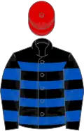 Black and royal blue hoops, red cap