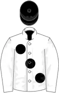 White, large black spots, black cap