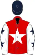 Red, white star, white sleeves, dark blue stars, dark blue cap