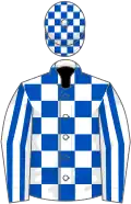White and royal blue check, striped sleeves, check cap