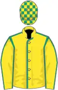 Yellow, emerald green seams, check cap