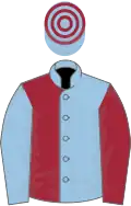 Light blue and maroon (halved), sleeves reversed, light blue and maroon hooped cap