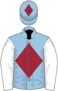 Light blue, maroon diamond, white sleeves, light blue cap, maroon diamond