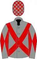 Grey, red cross-belts, diabolo on sleeves, check cap