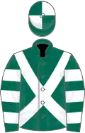 Dark green, white cross belts, hooped sleeves, quartered cap