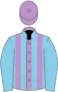 Mauve, sky blue stripes and sleeves, mauve cap