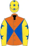 Orange and royal blue diabolo, yellow sleeves, royal blue stars and stars on cap