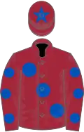 MAROON, large royal blue spots, royal blue spots on sleeves, royal blue star on cap