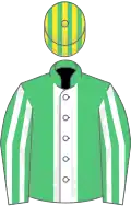 Emerald green, white panel, striped sleeves, emGreen and yellow striped cap