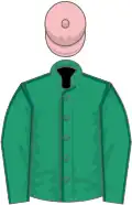 Emerald green, dark green seams, pink cap