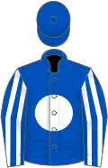 Royal blue, white disc, striped sleeves, royal blue cap