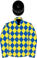 Royal blue and yellow diamonds, black cap