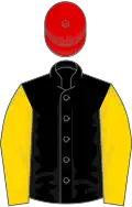Black, gold sleeves, red cap