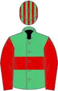 Emerald green, red hoop and sleeves, striped cap