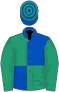 ROYAL BLUE and EMERALD GREEN QUARTERED, green sleeves, hooped cap