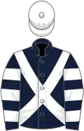Dark blue, white cross belts, hooped sleeves, white cap