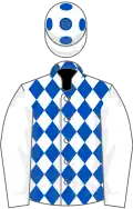 White, royal blue diamonds, white sleeves, white cap, blue spots