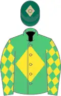 Emerald green, yellow diamond, diamonds on sleeves, dark green cap, beige diamond