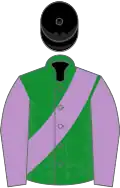 GREEN, mauve sash and slvs., black cap