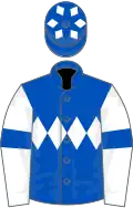 royal blue, white triple diamond, white sleeves, blue armlets, blue cap, white diamonds