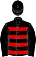 Black and red hoops, black sleeves and cap