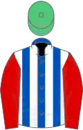 Royal blue and white stripes, red sleeves, emerald green cap