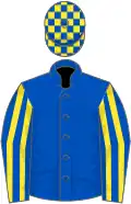 Royal blue, yellow striped slvs, check cap