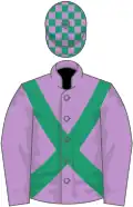 Mauve, emerald green cross belts, emerald green and mauve check cap