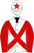 WHITE, red cross sashes and sleeves, white cap, red star