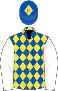 Royal blue and yellow diamonds, white sleeves, royal blue cap, yellow diamond