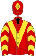 Red, yellow chevron, red sleeves, yellow chevron, red cap, yellow diamond