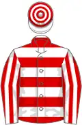 White and red hoops, striped sleeves, hooped cap