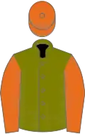 Olive green, orange sleeves and cap