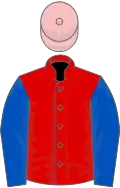 Red, Royal blue sleeves, pink cap
